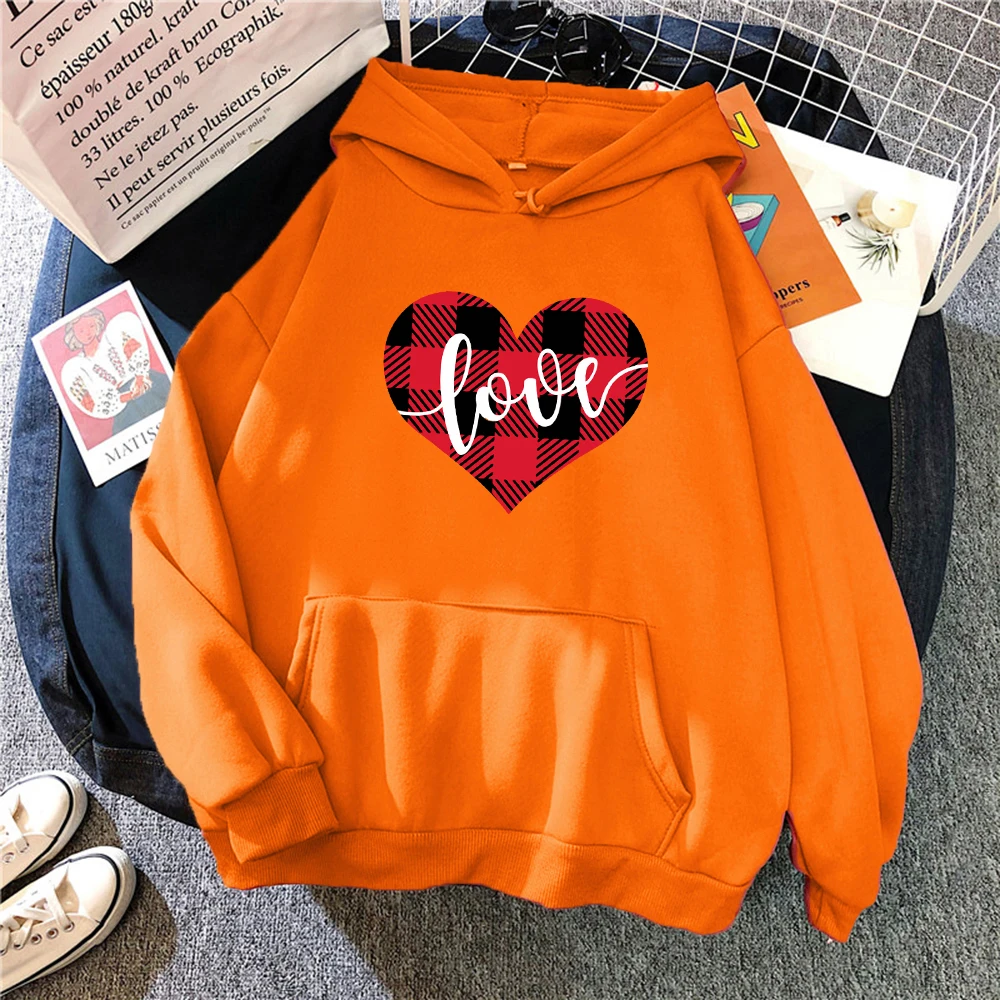 

Red Chess Grid Heart Love Printing Hoody Women Fashion Oversized Hoodie All-Match Y2K Female Pullover Autumn Fleece Clothes