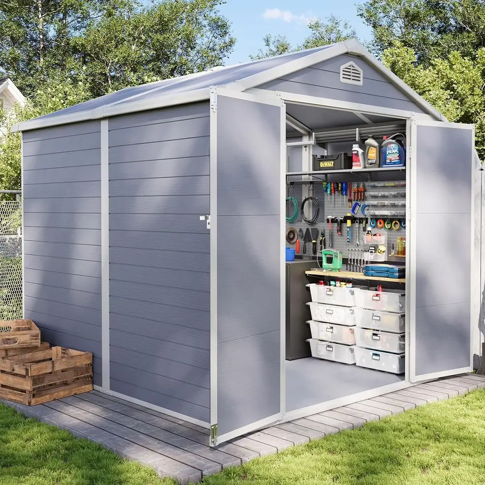 

Large Outdoor Plastic Storage Shed with Lockable Door, Suitable for Garden, Patio, and Lawn (Grey, 8' x 6.2')