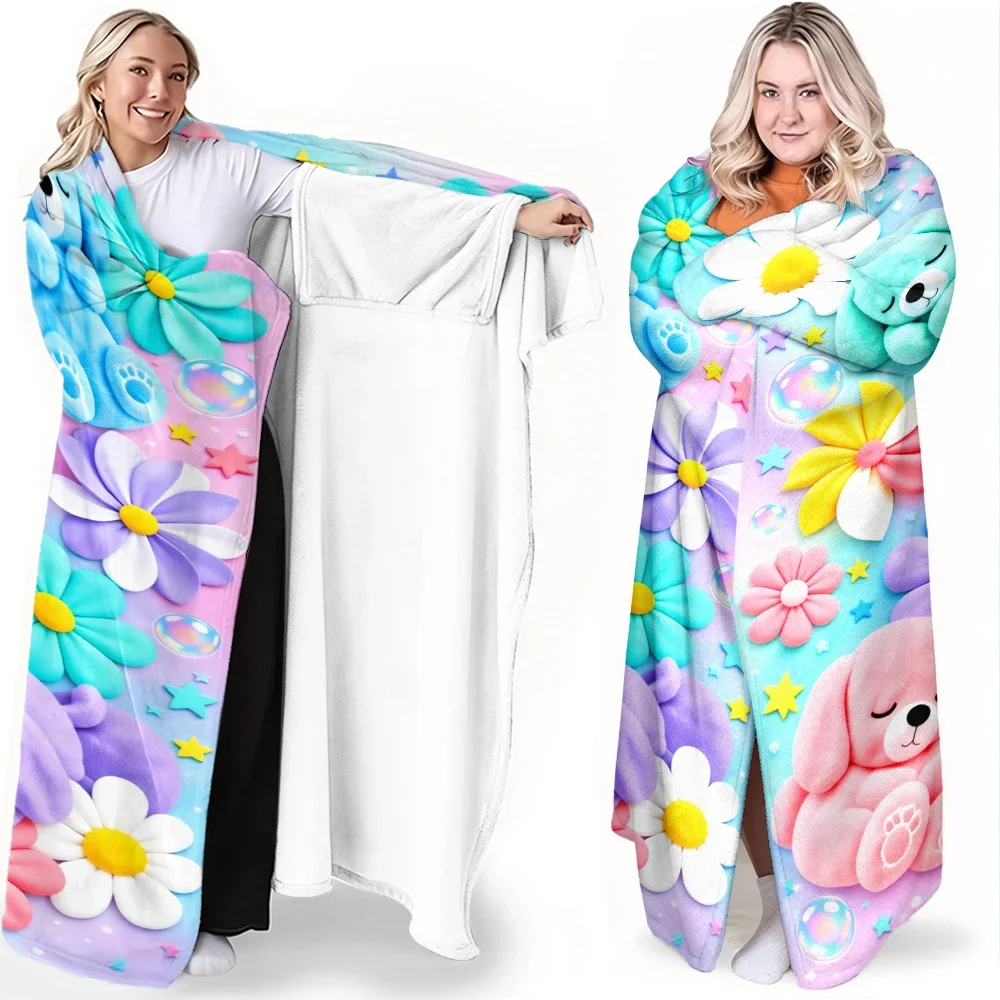 1pc Cute Puppy and Flower Print Wearable Blanket-Soft and comfortable, perfect for casual, gift-giving and everyday use.