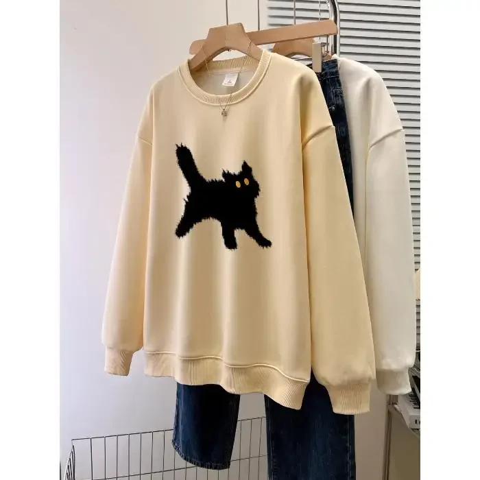 Autumn 2024 Women Sweatshirts Oversized Round Neck Cartoon Cat Print Long Sleeved Thin Hoodies Female Casual Pullover Unisex Top