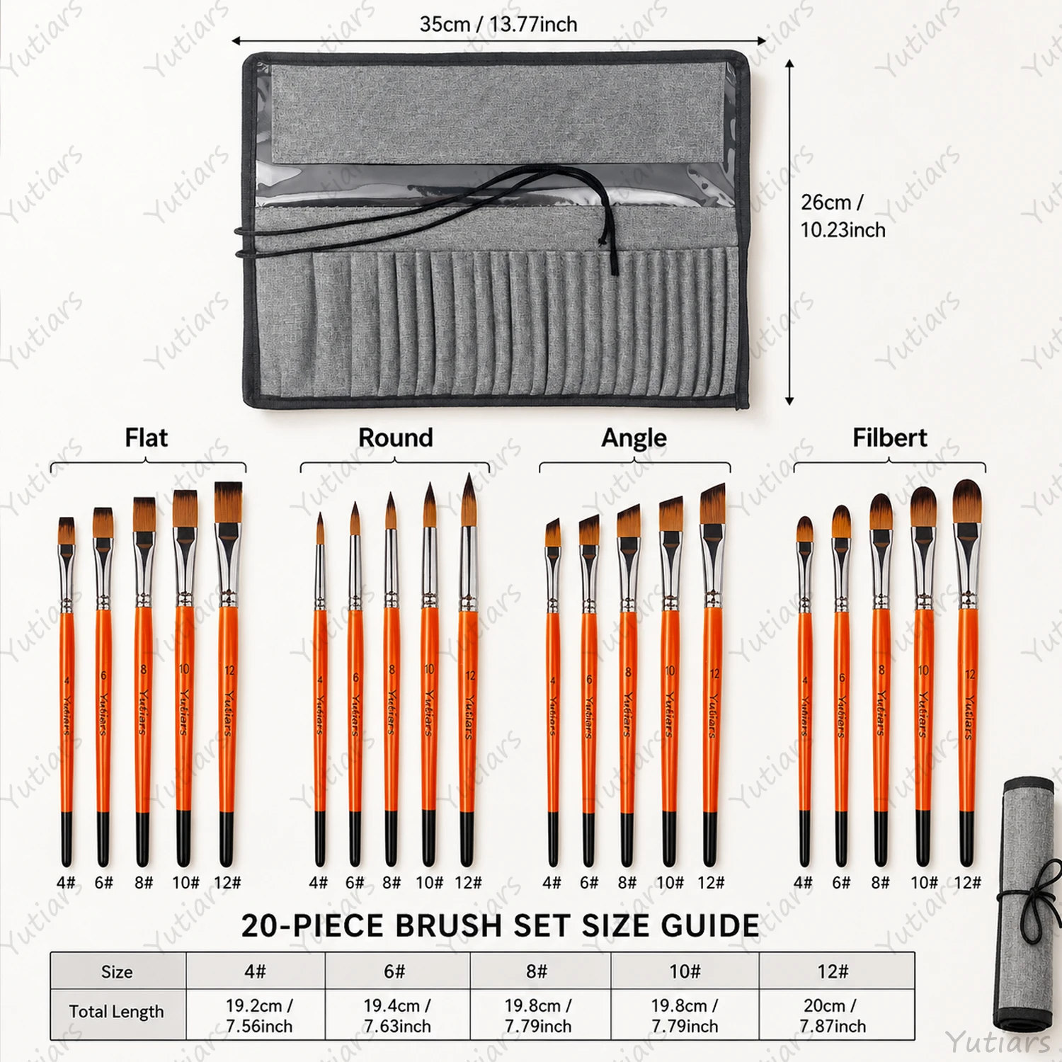 20PCS Painting Brush Set with Portable Brush Bag, 4 Brush Shapes in Multiple Sizes for Watercolor Acrylic Gouache Oil Art Crafts