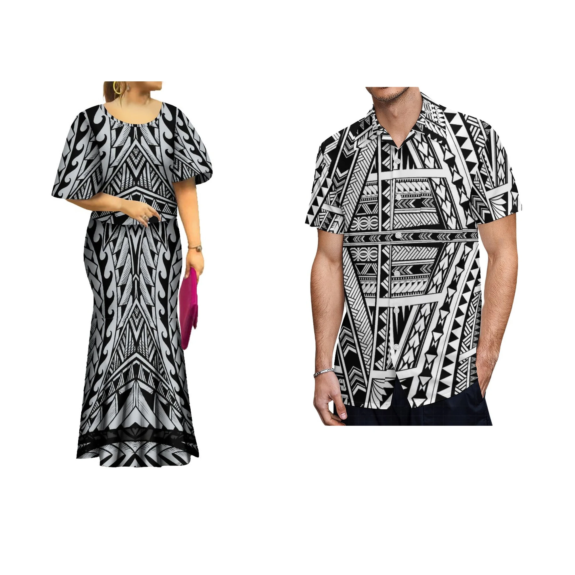 Personality Fashion Design Tribal Maxi Fishtail Skirt Womens Set Samoan Print Bat Sleeve Collocation Men Shirt Sets Of Couples