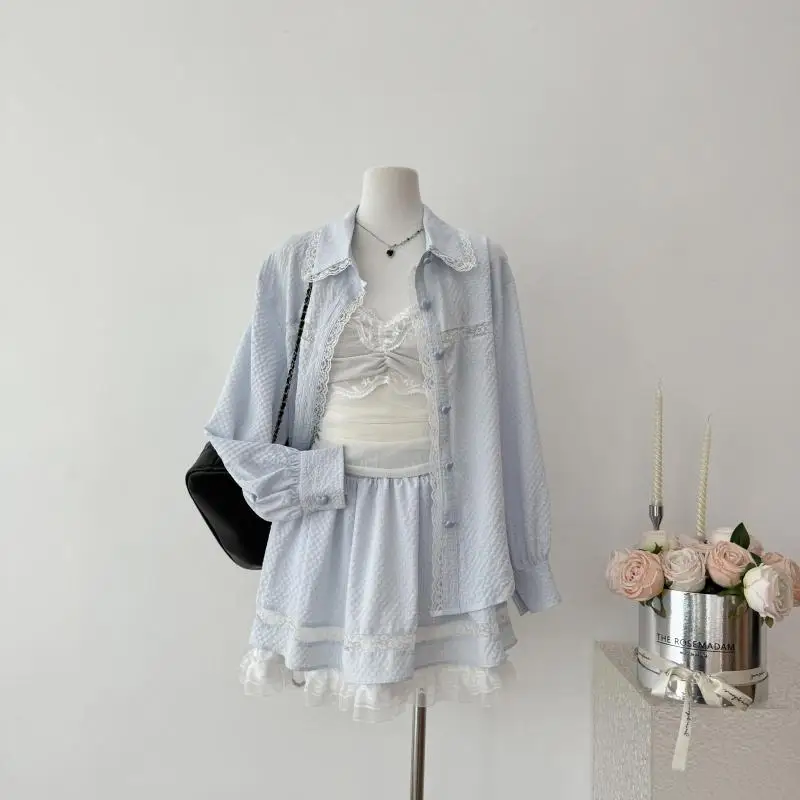 

Knitted Lace Hollow Out Vest Shirt Korean Three-piece Elegant Women Office Lady High Waits A-line Skirt Set Summer Outfits