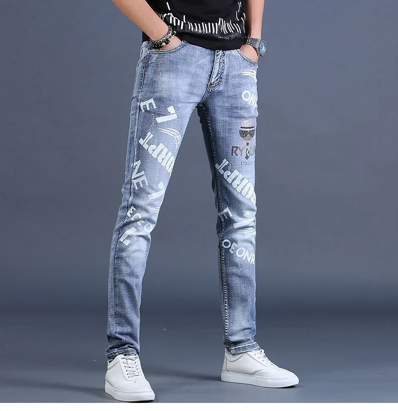 High Quality Men’s Classic Style Blue Denim Pants,Diamond Embroidery Decors Slim Jeans,Ripped Street Fashion Sexy Pants;