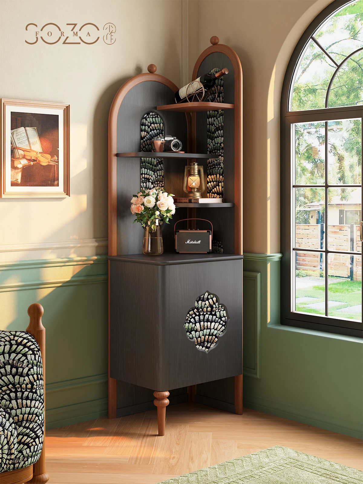 LMM French retro Chinese style solid wood corner cabinet middle ancient style living room wall corner rack
