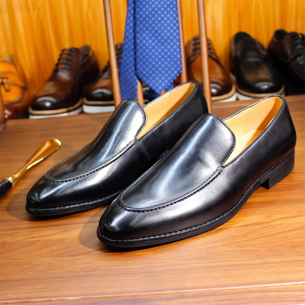 Handmade Genuine Leather Men's Loafers Pointed Toe Fashion Shoes for Social Formal Wedding Dress Pure Style