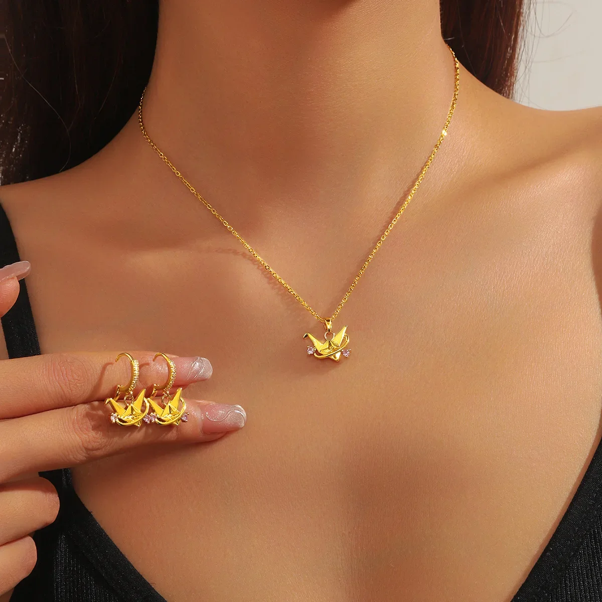 Trendy Cubic Zircon Stainless Steel Chain Jewelry Sets Cute Origami Crane Earrings Paper Bird Pendant Necklace Accessories Gift