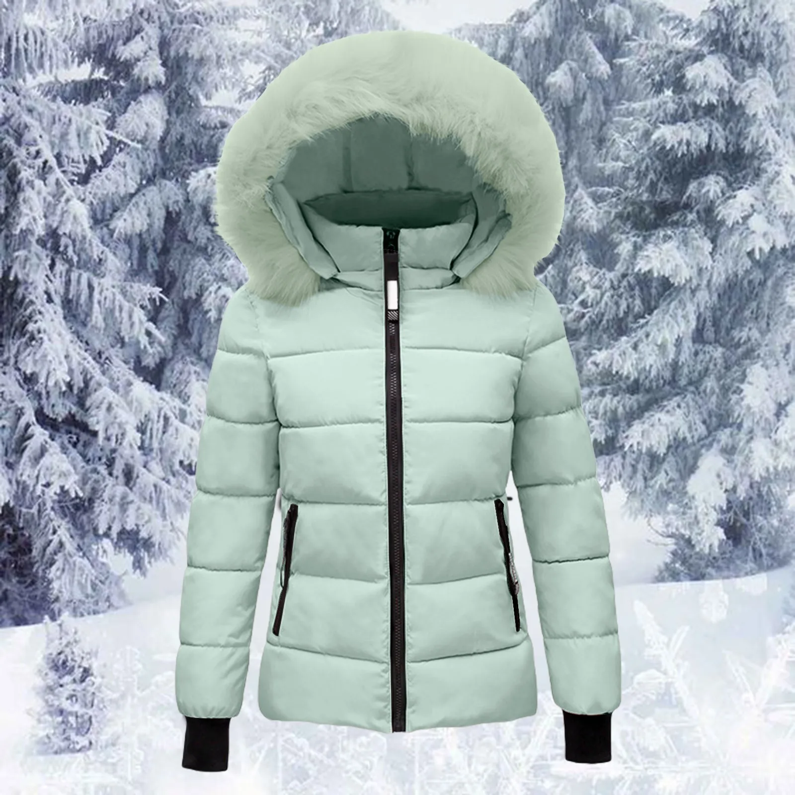 Pink Winter Cotton Puffer Coat Women Fluffy Hooded Zipper Thick Outerwear Lapel Windproof Warm Long Sleeve Down Jacket Fit Coats