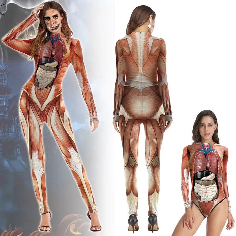 SN60 Woman Human Body Structure Tissue Jumpsuit Human Torso Anatomy Appliance Halloween Party Fancy Swimsuit Zentai Suit1&2