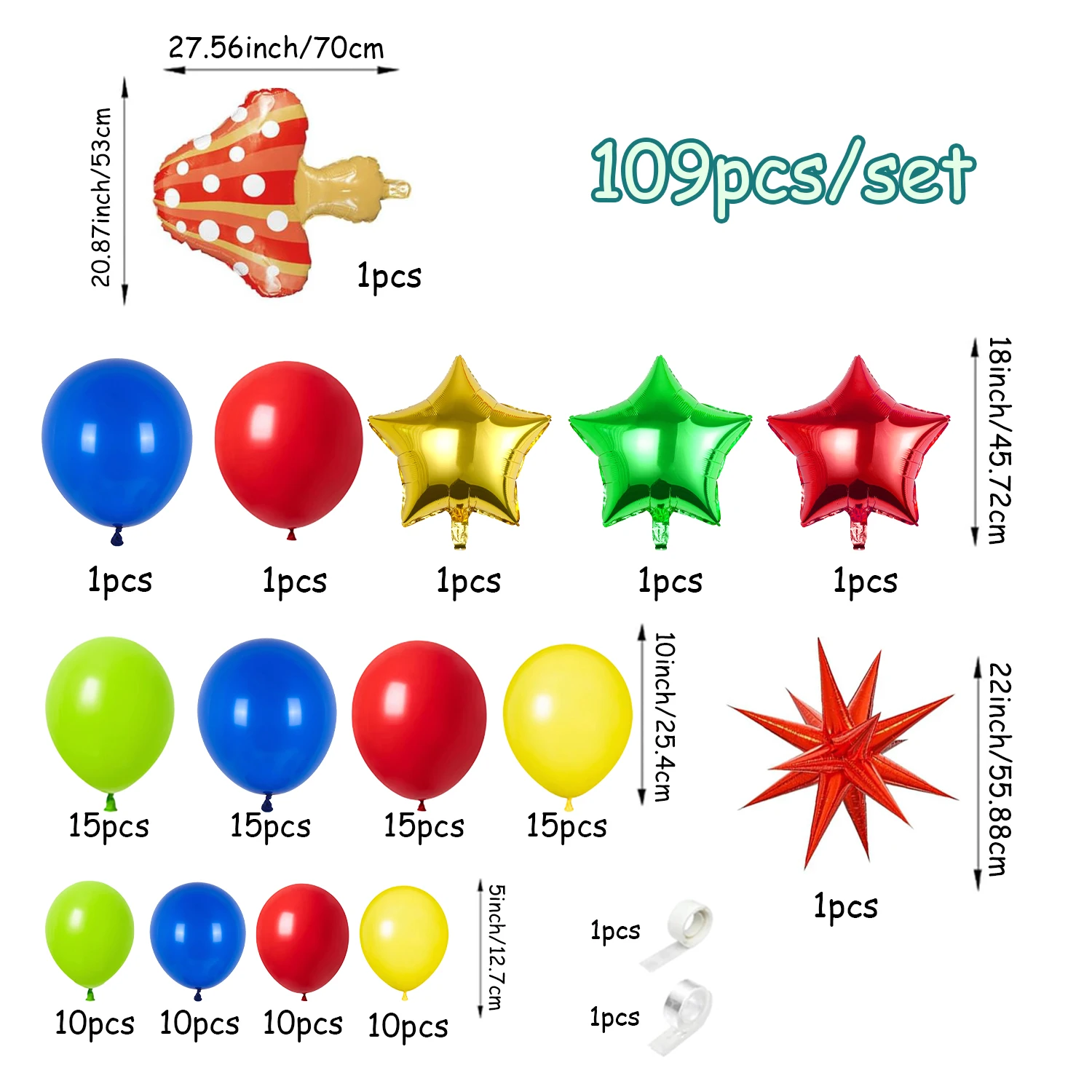 109Pcs Game Theme Balloon Chain Set with Cute Mushroom Shapes and 22inch Red Explosive Star Aluminum Foil Balloons for Birthday Party Decorations and Background Decorations for Friends Parties