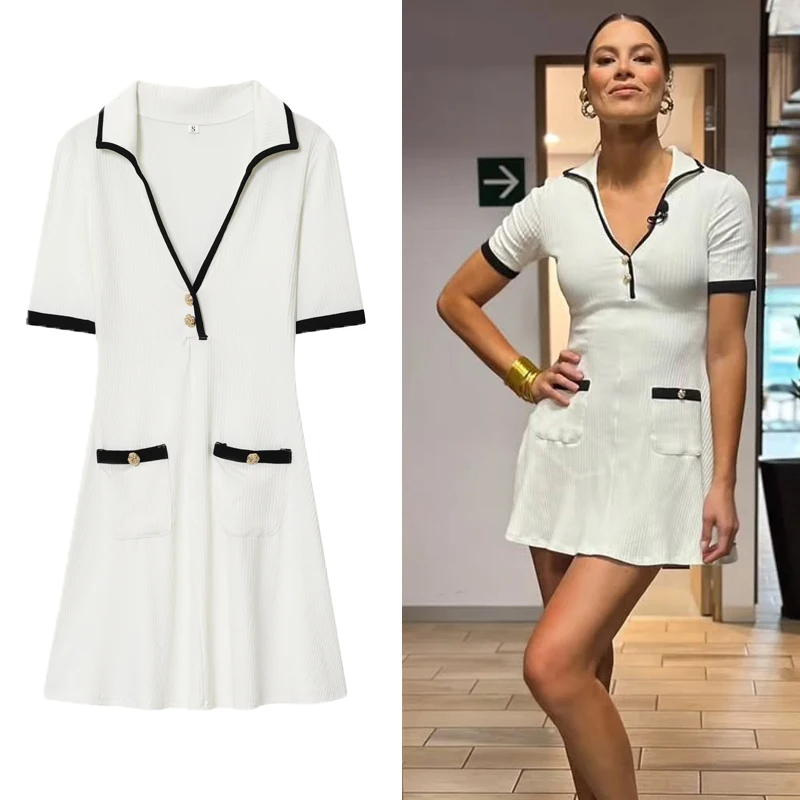 فستان قصير مضلع بأزرار معدنية فساتين صيفية نسائية أنيقة برقبة على شكل حرف v فستان أبيض وأسود مثير للحفلات المسائية