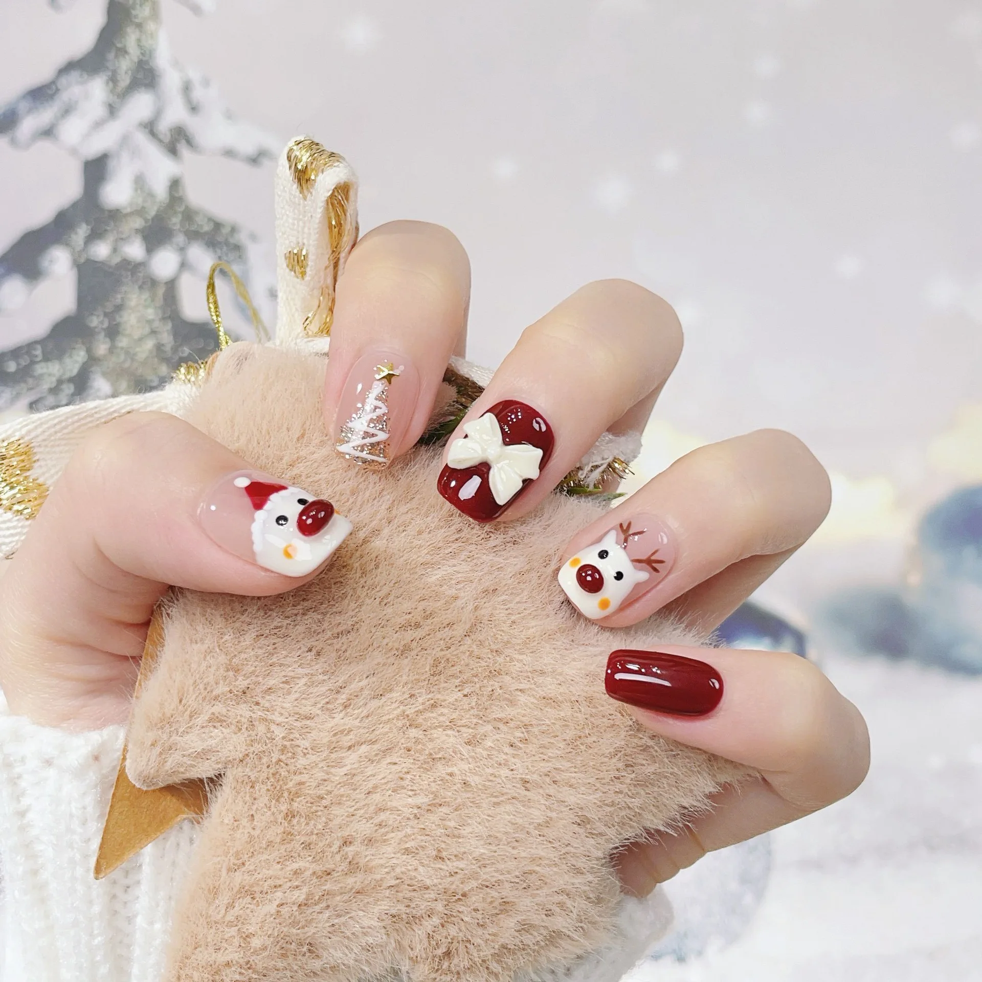 10pcs Handmade Lovely Press on Nails Christmas False Nails Ballet Snowmen Full Cover Manicure Wearable Short Nails Festival Gift