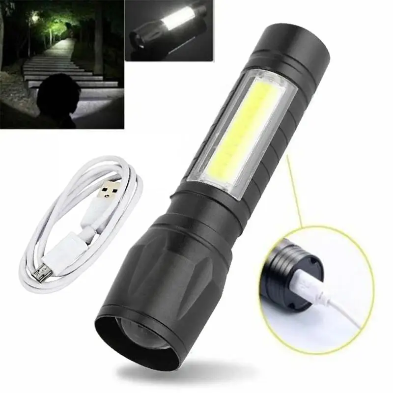 USB-Aufladung, Camping-Licht, Notlicht, LED-Taschenlampe mit Seitenlicht, Cob, starkes Licht, Teleskop-Zoom, Outdoor-Taschenlampe
