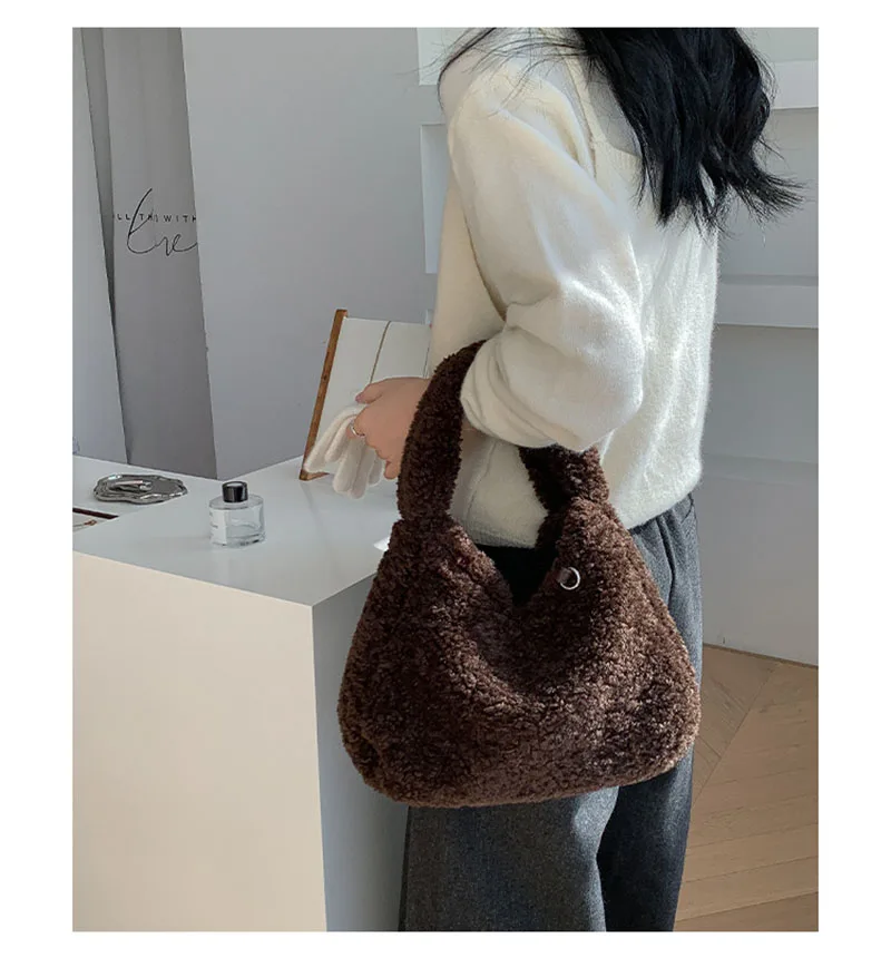 لينة أفخم الكتف حقيبة تحت الإبط جديد رقيق حقائب اليد بلون محفظة الخريف الشتاء حقيبة يد صوف الضأن مكتب المرأة حقيبة #3