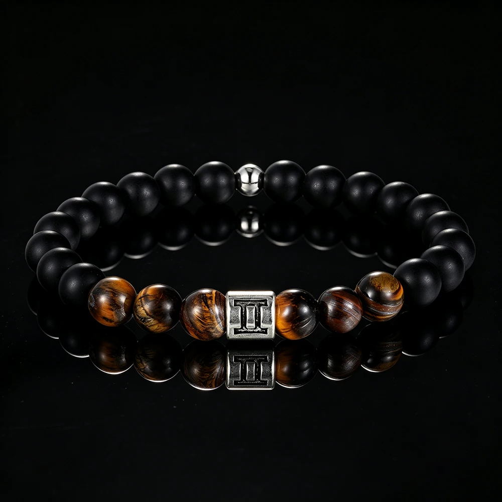 Handgefertigtes 12-Sternzeichen-Armband, elastisch, mit natürlichen Tigeraugensteinperlen, Sternzeichen-Anhänger, Unisex-Geburtstagsgeschenk für Männer und Frauen – Detail 12