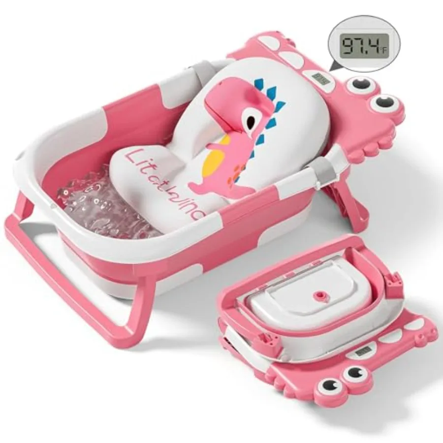 

Portable Collapsible Baby Bathtub for Newborns 0-36 Months with Thermometer Soft Floating Cushion Drain Hole Pink Foldable Infa
