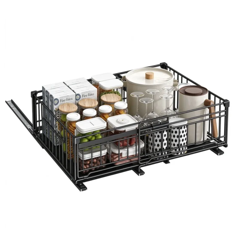 2er-Set verstellbare, herausziehbare Schrankregale, 32,5–50 cm, bohrfreier, verschiebbarer Küchenorganizer für Töpfe, Pfannen, Gewürze und Vorratskammer.