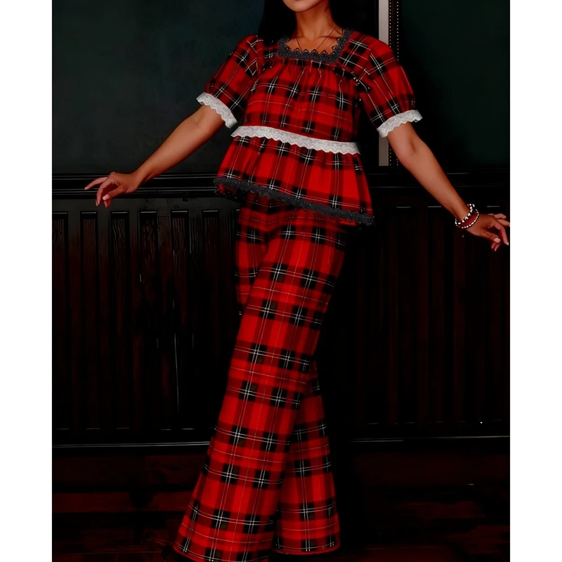 

Combhasaki Women 2Pcs Christmas Outfits Set Hollowed Lace Trim Puff Sleeve Babydoll Tops+Elastic Waist Wide Leg Pants Loungewear