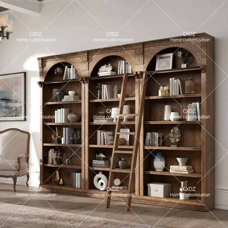 Rural Retro Arched Bookcase Solid Wood Carving Neoclassical Display Case with Ladder Bookshelf Combination