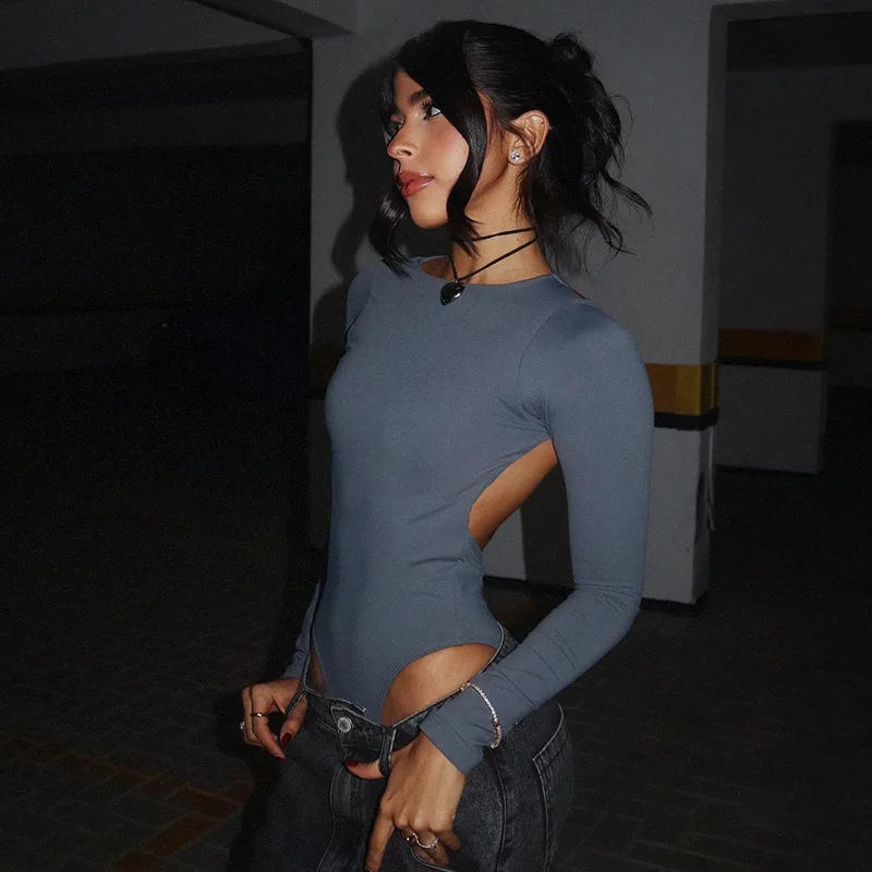Women Backless Jumpsuit 2025 Autumn New Women's Solid Color Bodysuit Round Neck Backless Sexy Long Sleeve Slim-Fit One Piece Top