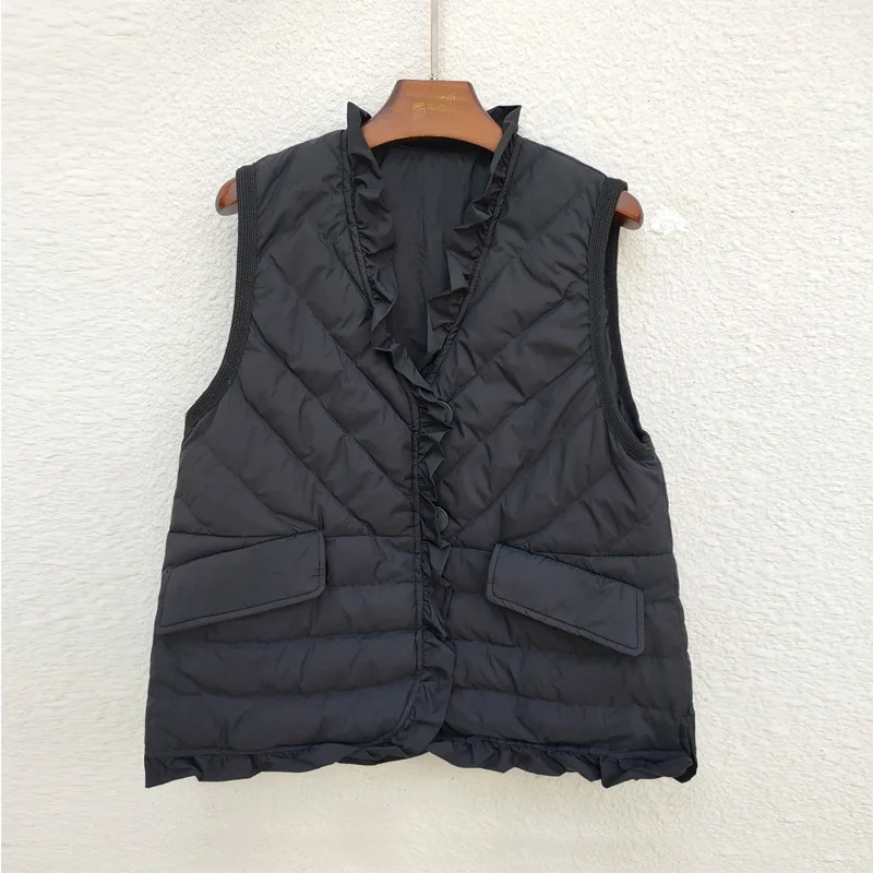 Winter V Neck Ruffles Down Waistcoat Jacket Women Light Thin White Duck Down Vest Warm Parkas Ladies Sleeveless Short Tank Coat