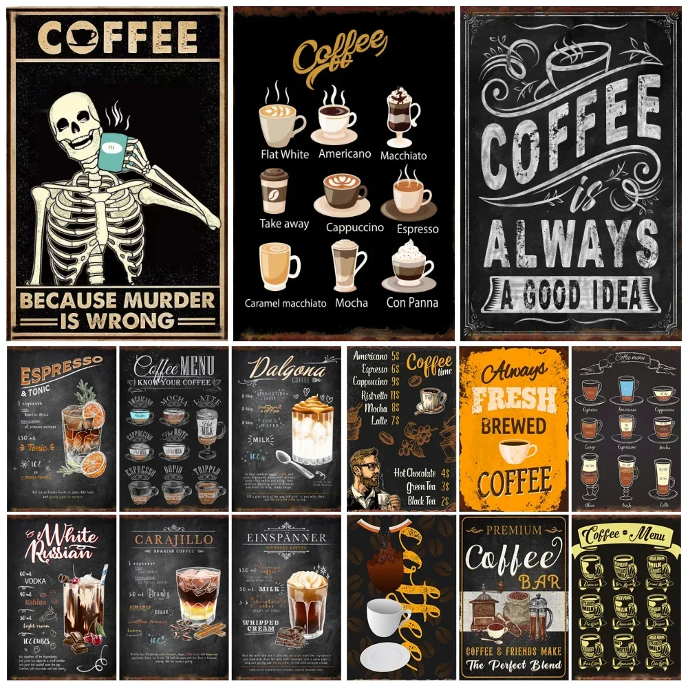Vintage Metal Tin Signs Coffee Menu Retro Espresso Drink Wall Art Life Shop Bar Club Cafe Store Home Decor 8x12 inch