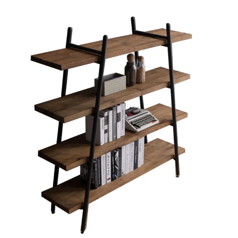 

log bookshelf, wrought iron shelf, floor-to-ceiling against the wall, simple solid wood living room, multi-layer one-word board