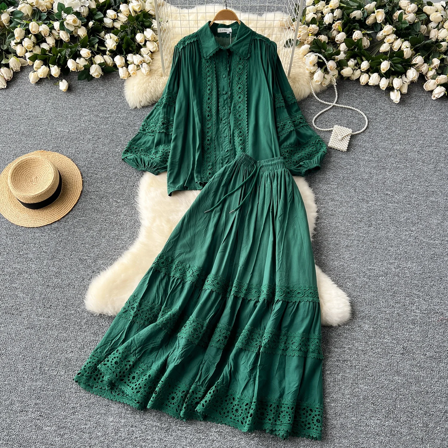 Clothland Women Sweet Lace Hollow Out Suit Long Sleeve Loose Shirt Midi Skirts Vintage Fashion Two Piece Set TA482