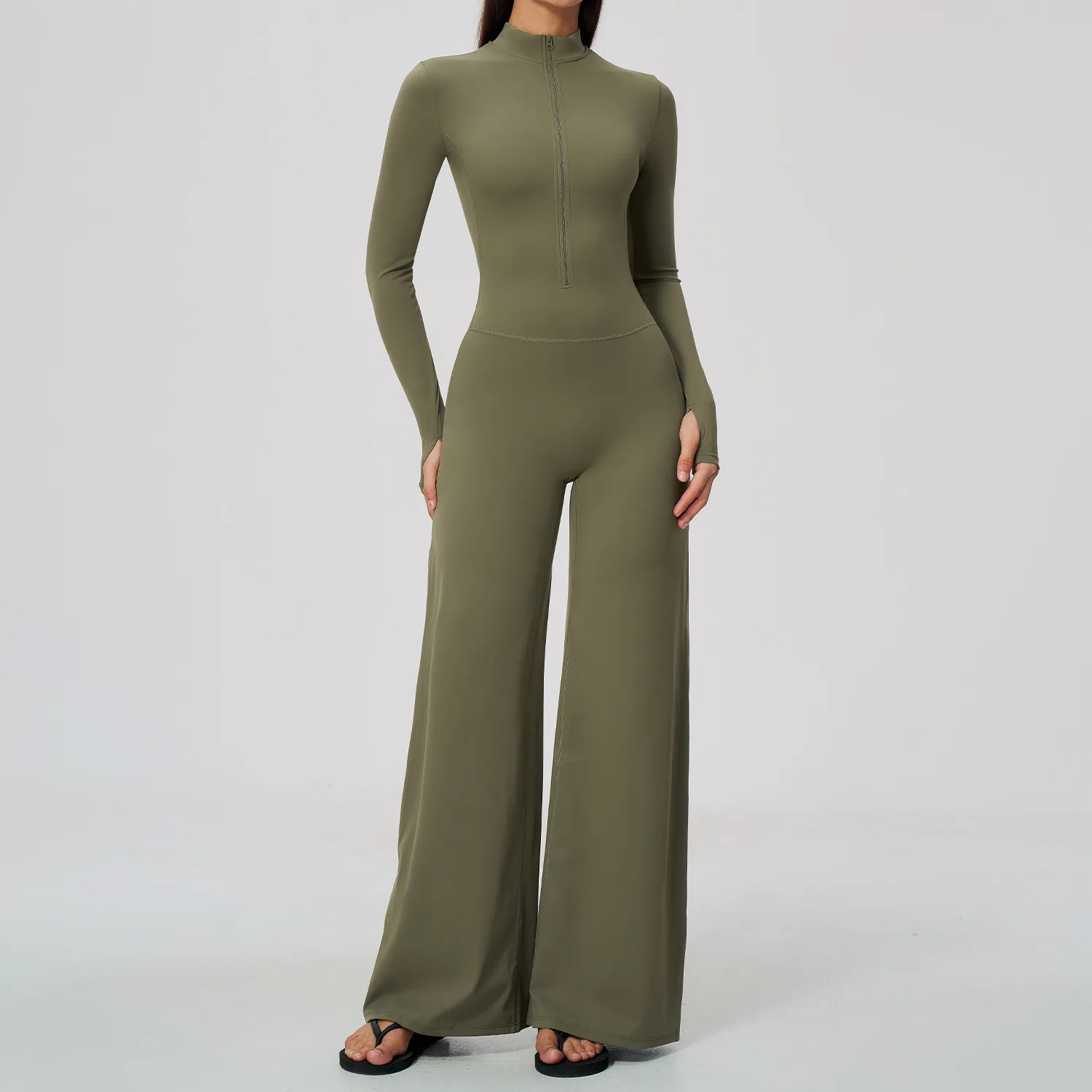 Women Half Zip Long Sleeve Jumpsuit Thumb Hole Flared Wide Leg Bodysuit Elastic Sport Romper Activewear Yoga Workout One Piece
