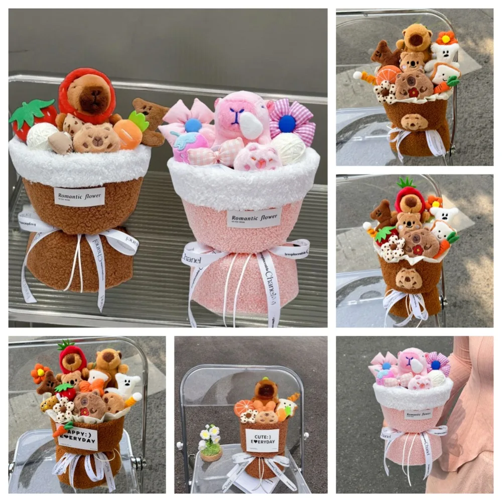 Cute Kapybara Plush Doll Bouquet Cartoon Pink Brown Artificial Flower Bouquet Creative Home Decor Stuffed Anime Doll