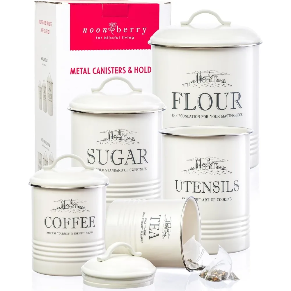 

5-Piece White Kitchen Canister Set with Utensil Holder - Airtight Farmhouse Storage for Countertop