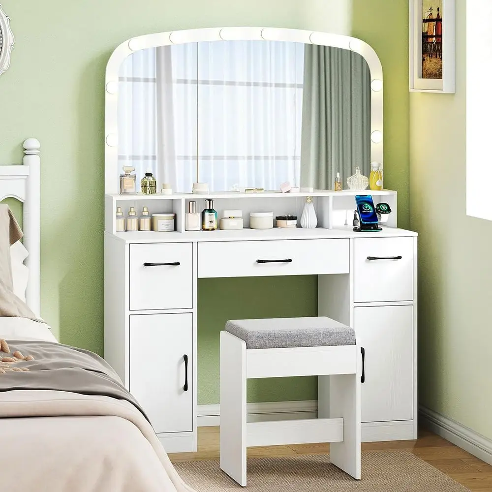 Large Arched Mirror Vanity Desk with Lighting and Charging Station, Storage Drawers & Cabinet for Makeup and Bedroom view 2