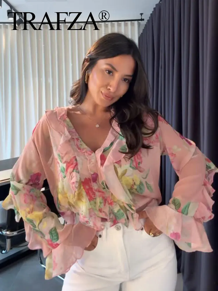 

TRAFZA Summer Women's Fashion Floral Print Layered Decorative Elegant Shirt Long-sleeved V-neck Holiday Blouse Vintage Tops