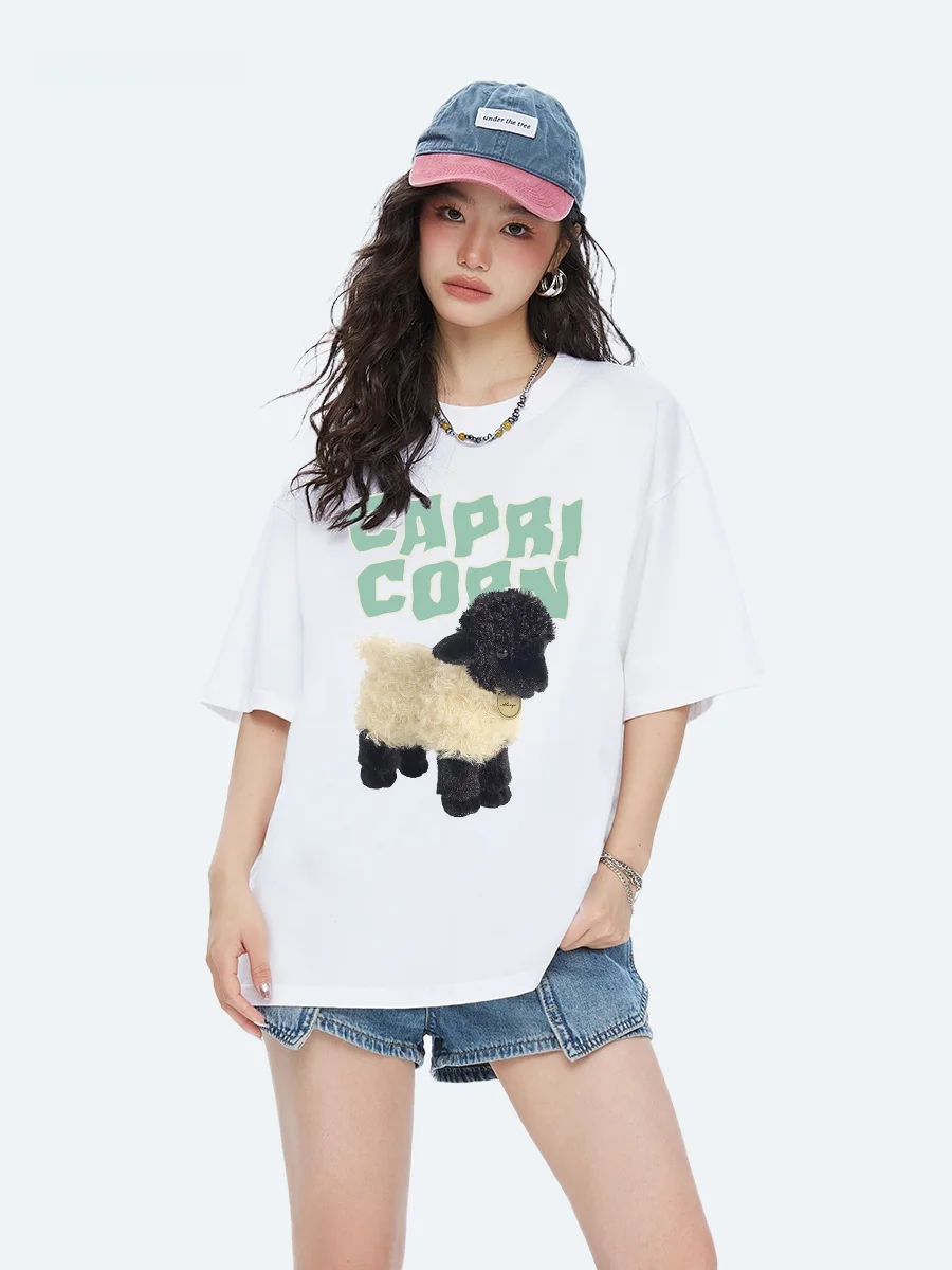 Capricorn Cartoon Sheep Print Short Sleeve Women's T-shirt Pure Cotton Half Sleeve Summer Trendy Brand Casual Loose Fit