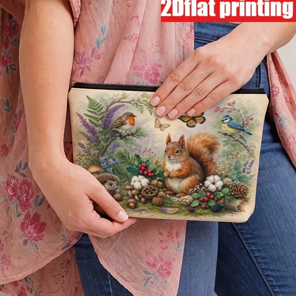 1Pc 2D Vintage Forest Squirrel Bird Canvas Makeup Bag, Double‑Sided Zipper Travel Toiletry Pouch, Gift for Women