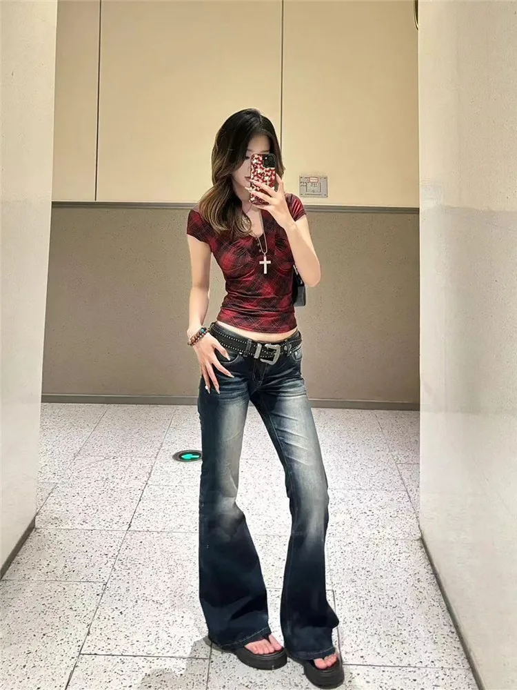 

American Vibe Extended Flare Denim Jeans for Tall Women Spring Autumn Low Waist Slimming Floor Length Street Style