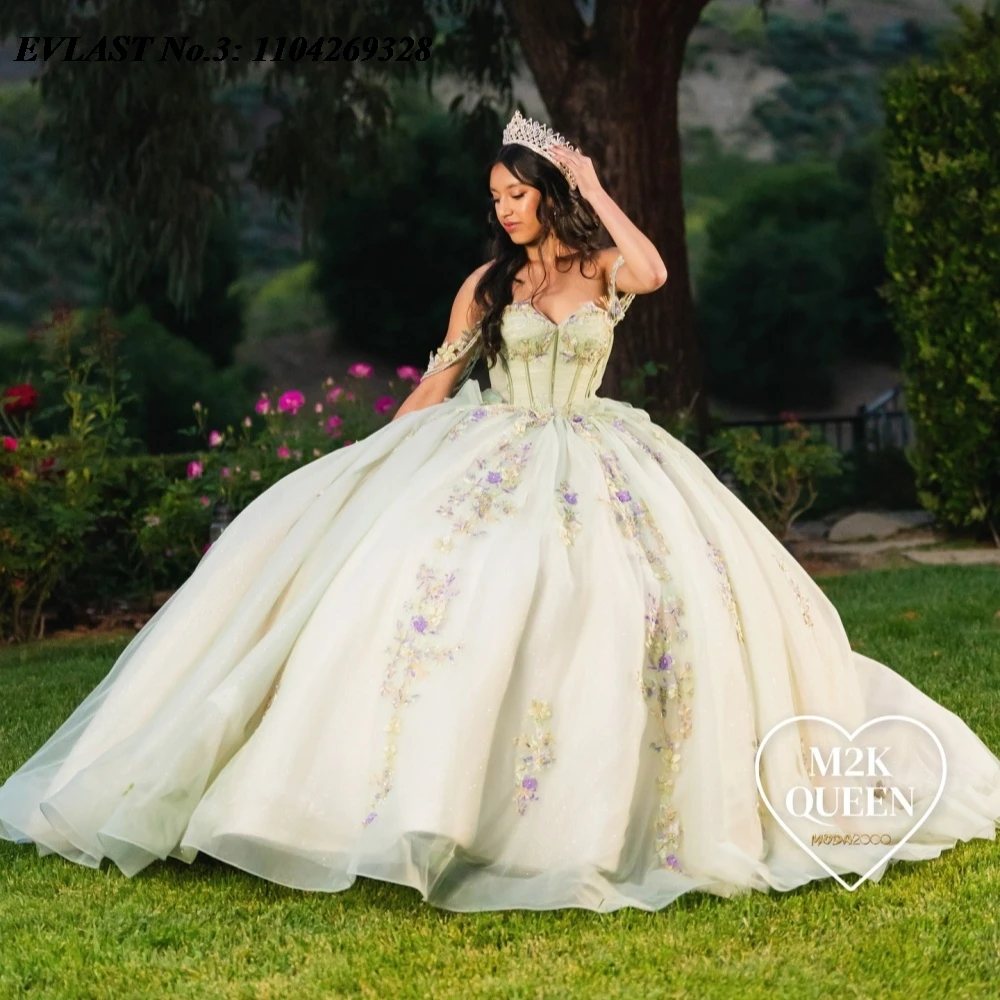 

EVLAST Customized Glitter Mint Green Quinceanera Dress Ball Gown 3D Floral Applique Beading Sweet 16 Vestidos De 15 Anos E3Q640