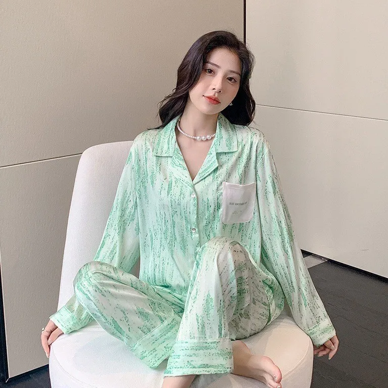 

New Pyjamas Women Long Sleeve Trousers Light Luxury Fashion Suit Senior Sense Green Bamboo Print Home Wear