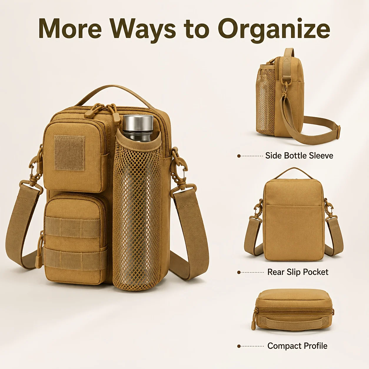 Multi Layer Crossbody Sling With Side Water Bottle Pocket Detachable Adjustable Shoulder Strap Compact Storag Organizer Backpack