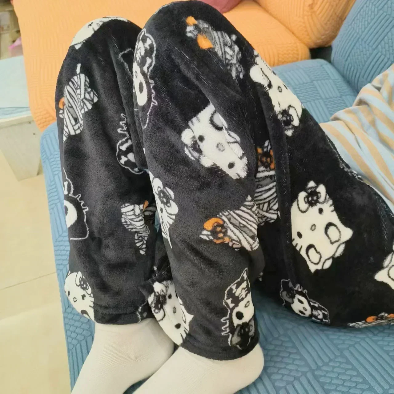 Hello Kitty Pijama Velo Feminino, Calça Velo Sanrio Anime, Tecido Elástico Duplo, Calças Macias, Kawaii Cartoon, Presente de Halloween, Novo