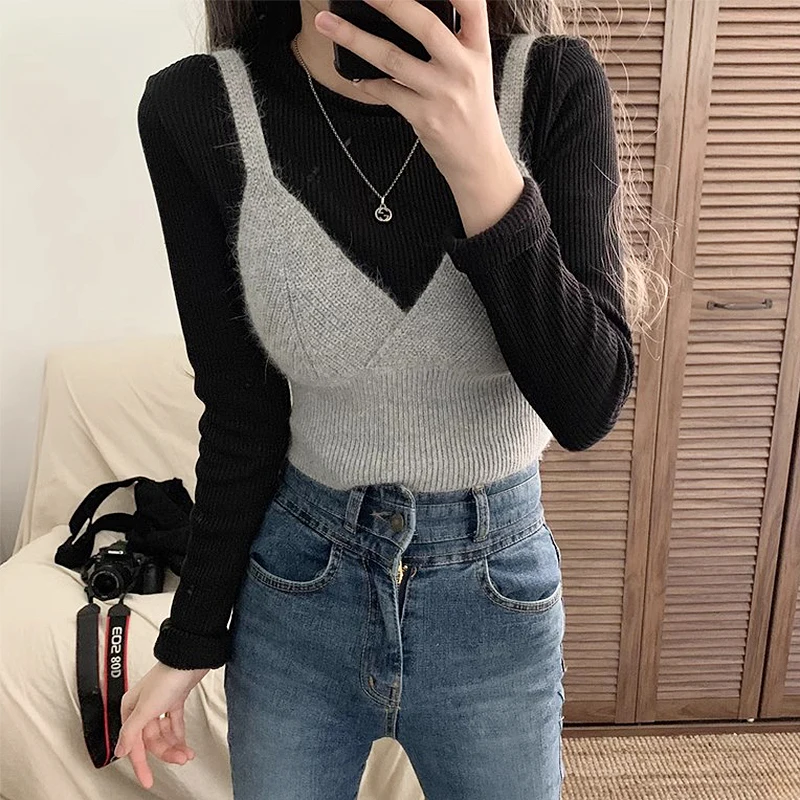 

Faionable Belted Strap Vest High Collar Long Sve Knitted Set for Women Chic Autumn Trendy Sle Student Work orm