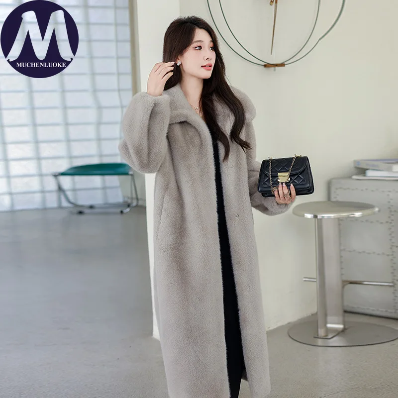 Women's Elegant Faux Mink Fur Coat Winter Square Neckline Thick Warm Casual Loose Korean Fashion Warm Jacket