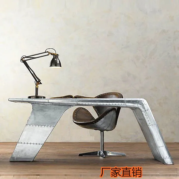 American retro industrial style loft old aluminum leather aircraft table combination creative desk