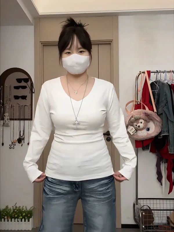 

Женская футболка больших размеров с длинным рукавом и V-образным вырезом, облегающая, базовая, осенне-зимняя, скрывающая живот, для похудения, топ с эффектом утяжки талии