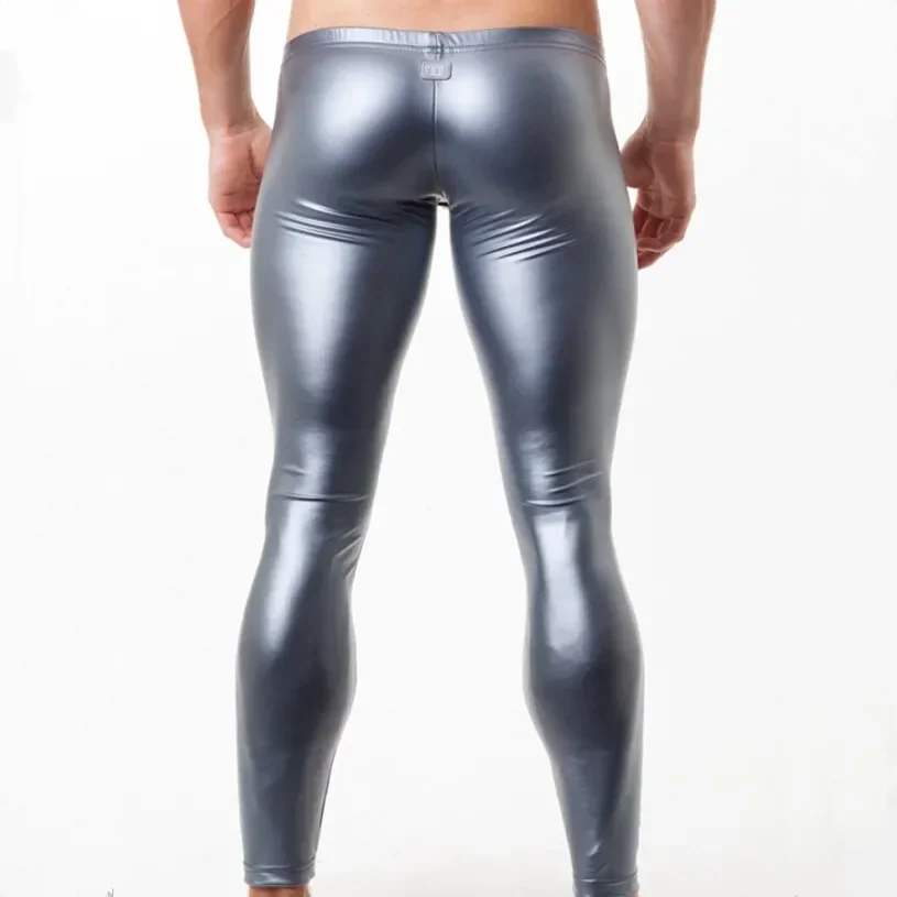 Men Fashion Leather Sexy Gold Silver Black Night Club Skinny Pants Mens Slim Leggings Compression Pants Fitness Trousers for Man