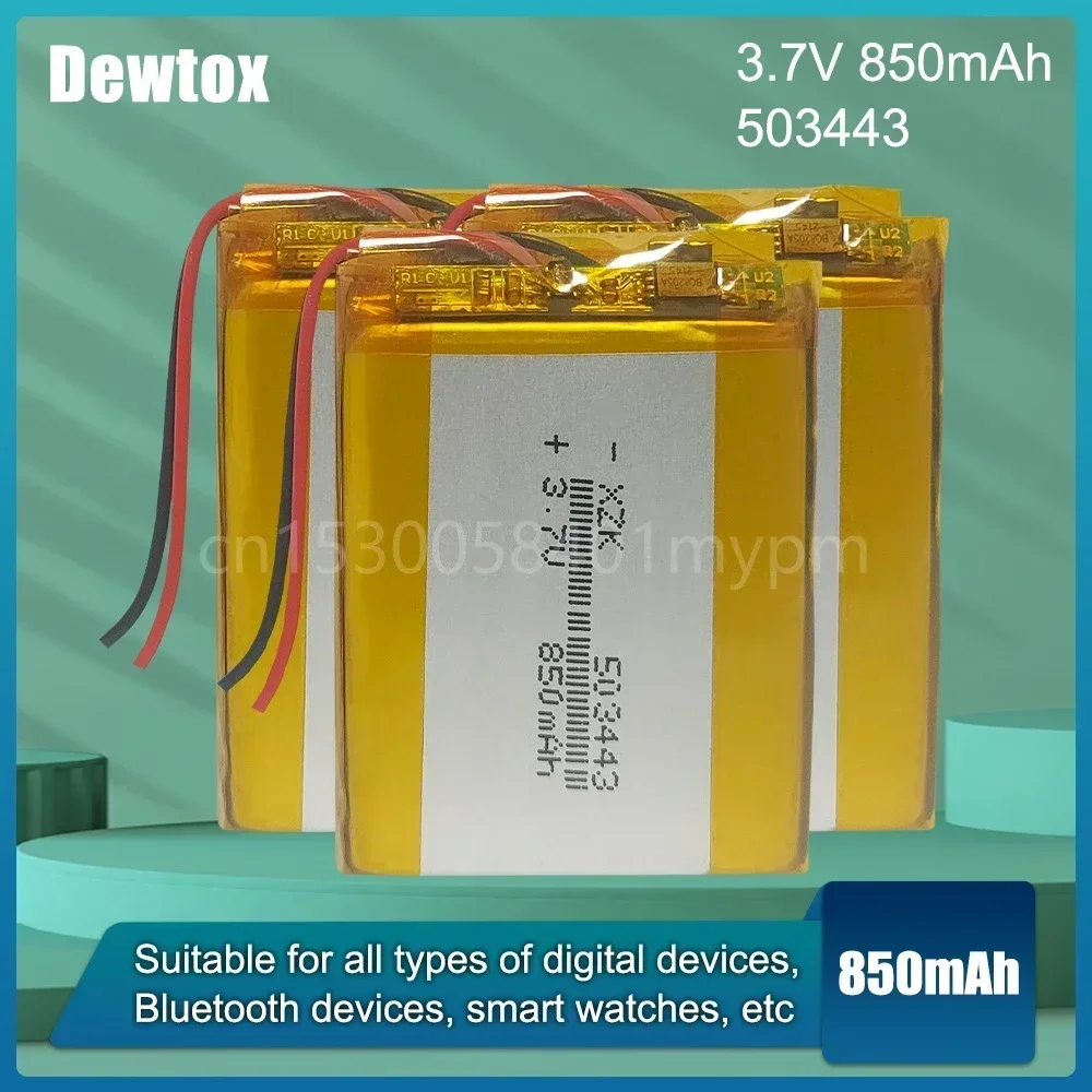 503443 리튬 폴리머 충전식 배터리, MP3 플레이어, GPS, MP4, DVD 장난감, 블루투스 헤드셋 스피커, 전자책, 850mAh, 3.7V