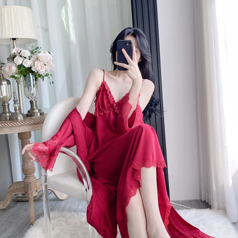 Long Ultra Ice Silk Kimono Lingerie Bride Wedding Sleepwear Dress Suit 2Pcs Robe Suit Sexy French Style Lace Trim Nightgown