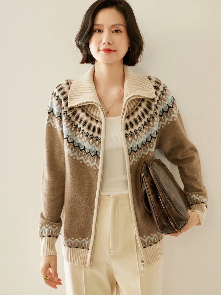 

New Autumn Winter Fair Isle Turn-Down Collar Sweater Women's Jacquard Zipper Cardigan Female 100% Cashmere Knitwear Thick Tops