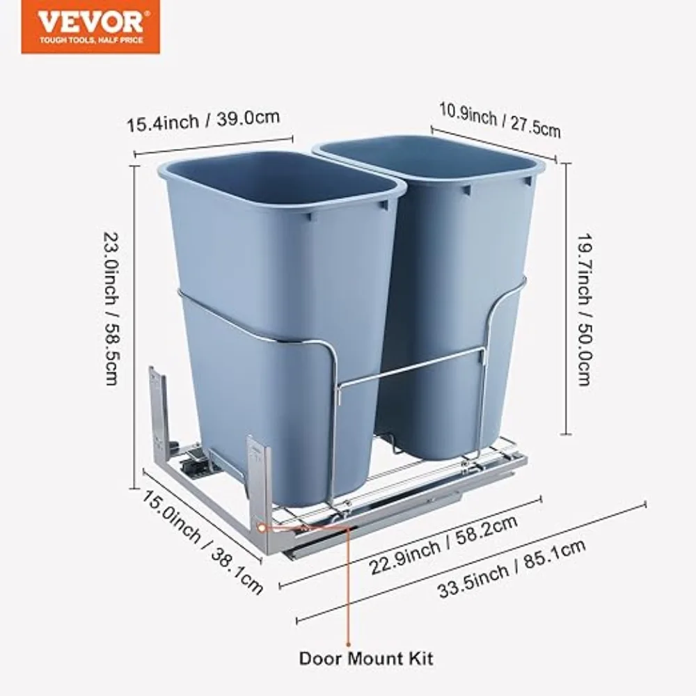 Pull-Out Trash Can,35 L Double Bins,Under Mount Kitchen Waste Container with Slide and Door Mounting Kit,110 lbs Load Capacity