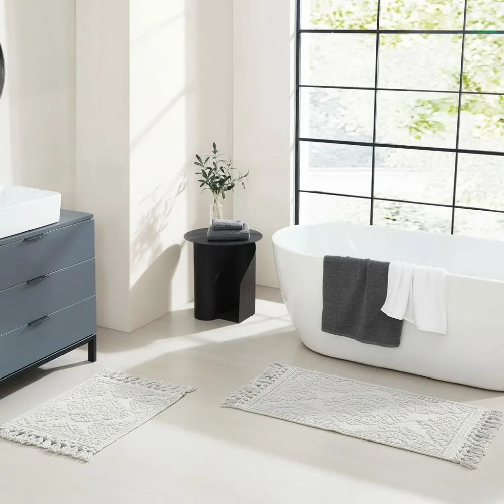 

Bohemian Bath Mats Set of 2, 100% Cotton Woven Fringe Rugs, Super Soft & Absorbent for Modern Bathroom Decor